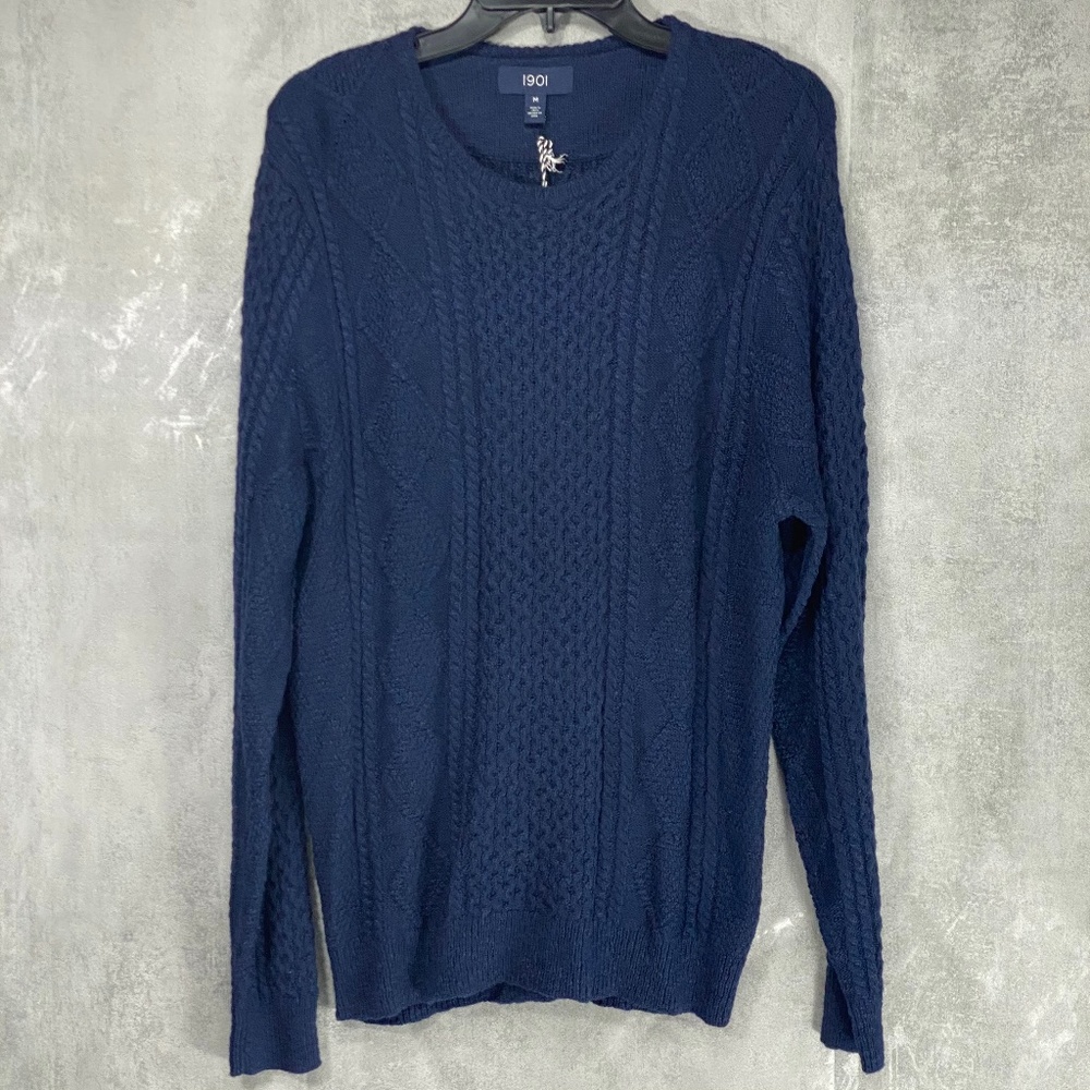 1901 Navy Iris Fisherman Crewneck Mix Knit Pattern